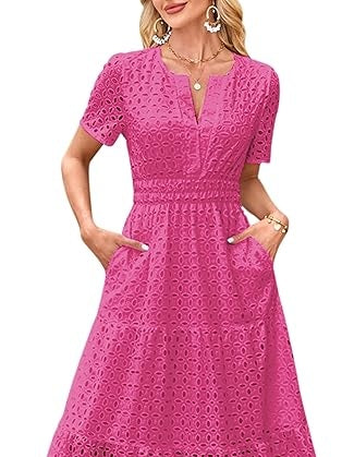 Cotton Casual Short Sleeve Hollow Pocket Midi Dress