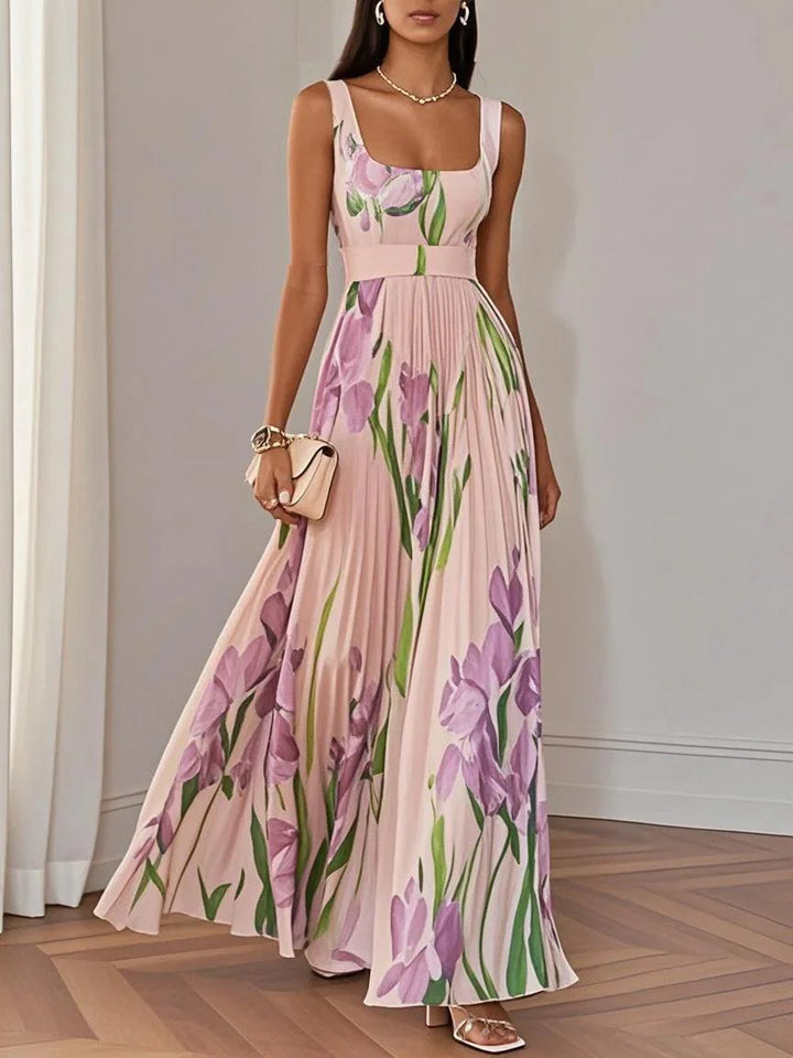 White Pleated Floral Chiffon Square Neck Sleeveless A-Line Maxi Dress