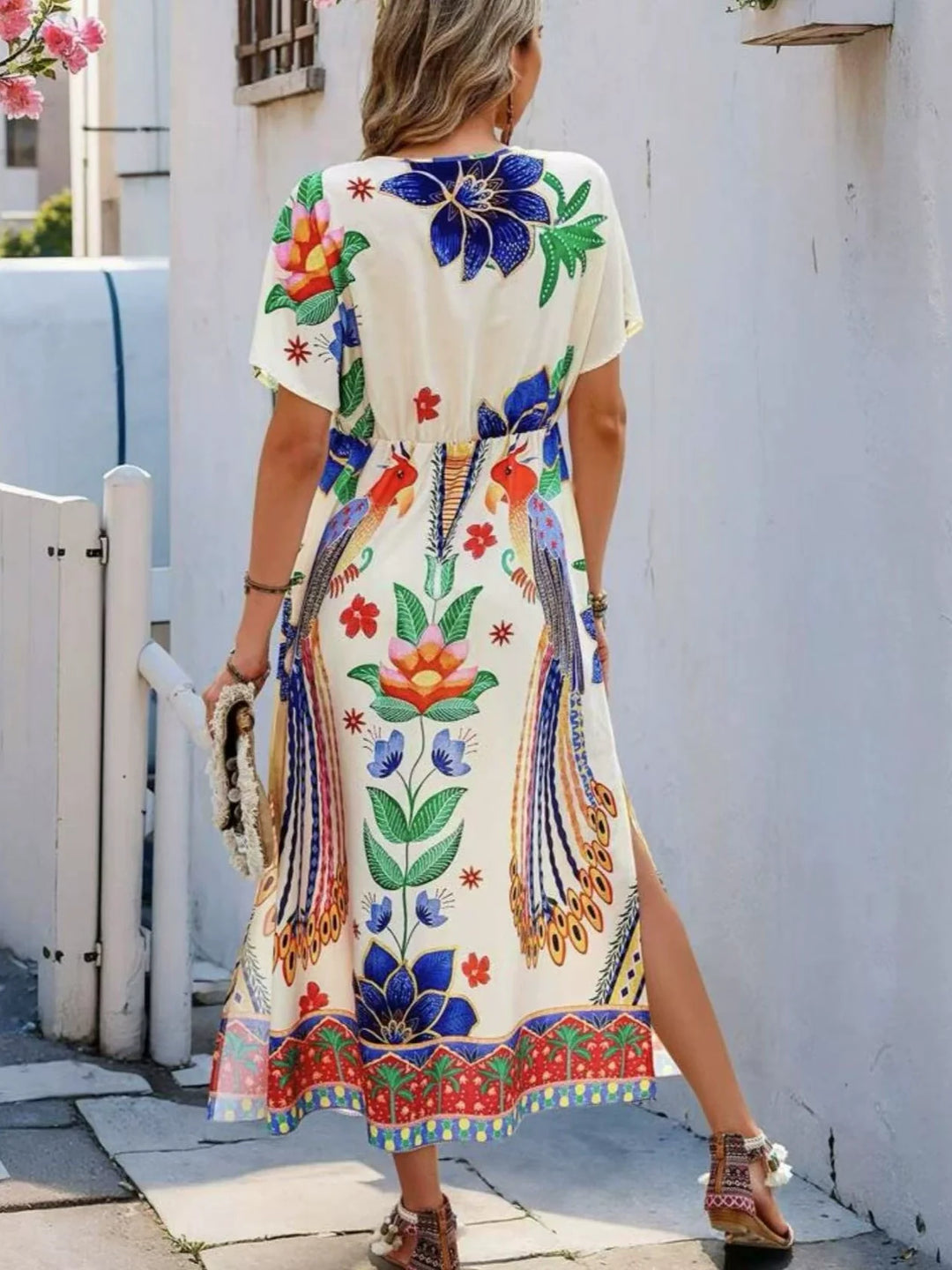 V-neck printed loose short-sleeved maxi dress