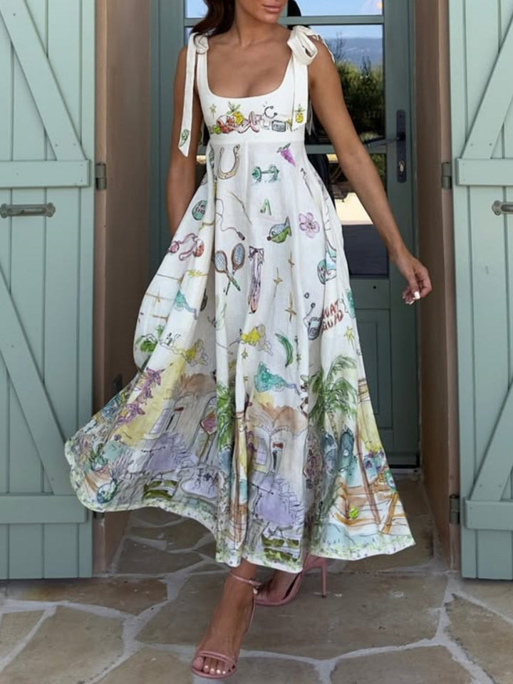 Linen Painted Ballet Tie Midi Dress