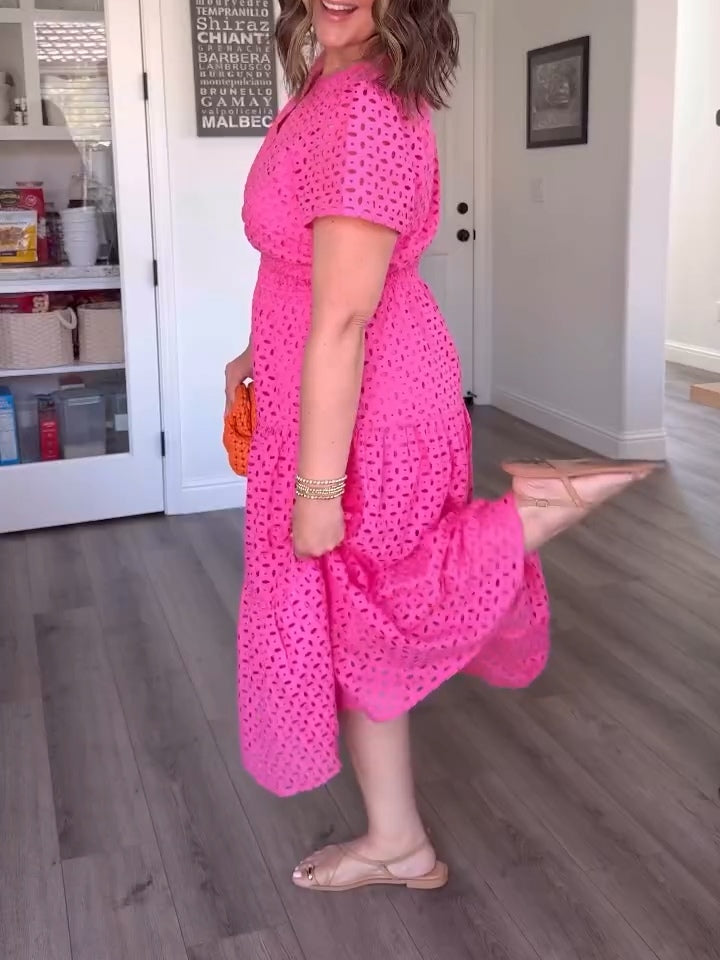 Cotton Casual Short Sleeve Hollow Pocket Midi Dress