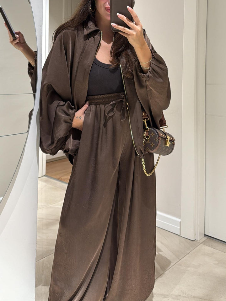 Brown Drawstring Wide-leg Casual Pants